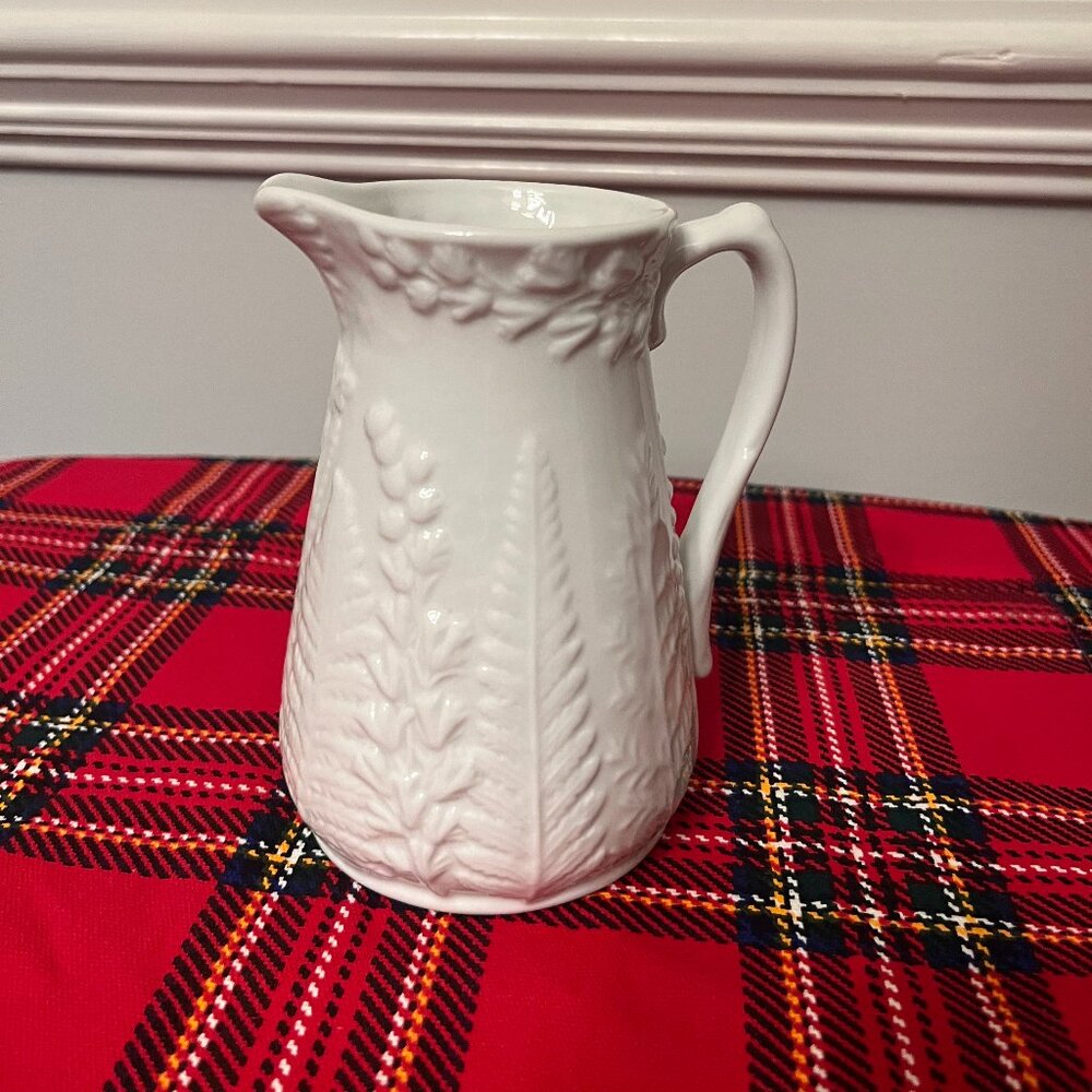 White Pitcher Porcellana De Paris with Plant/Floral Raised Motif Design